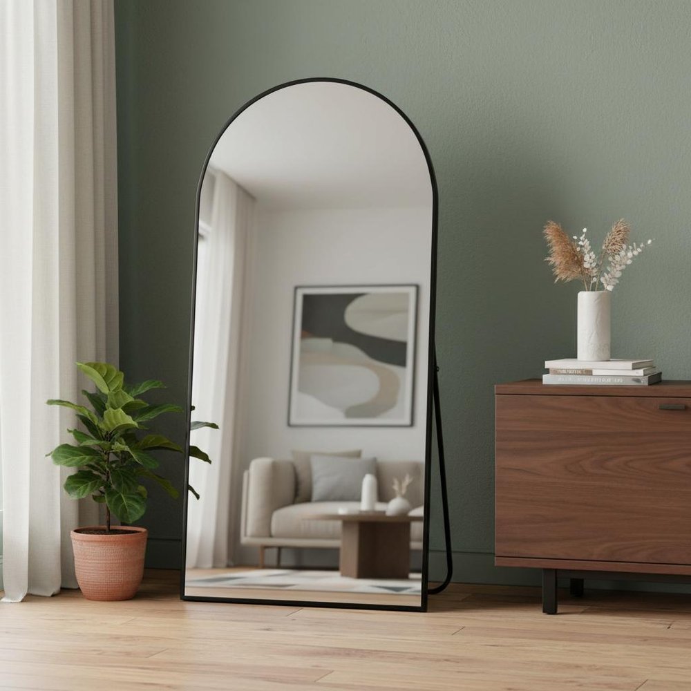 71" Black Metal Arch Freestanding Framed Full Length Mirror