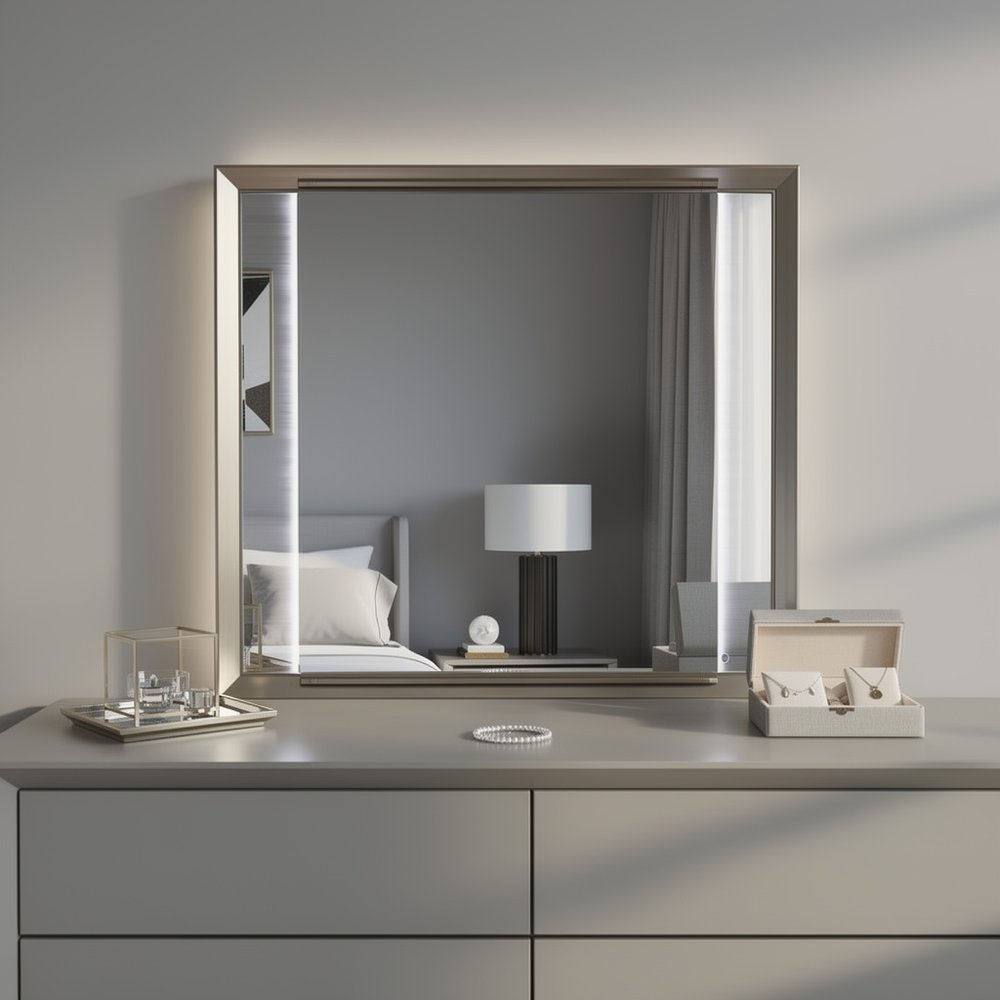 38" White And Silver Wood Lighted Dresser Mount Framed Mirror