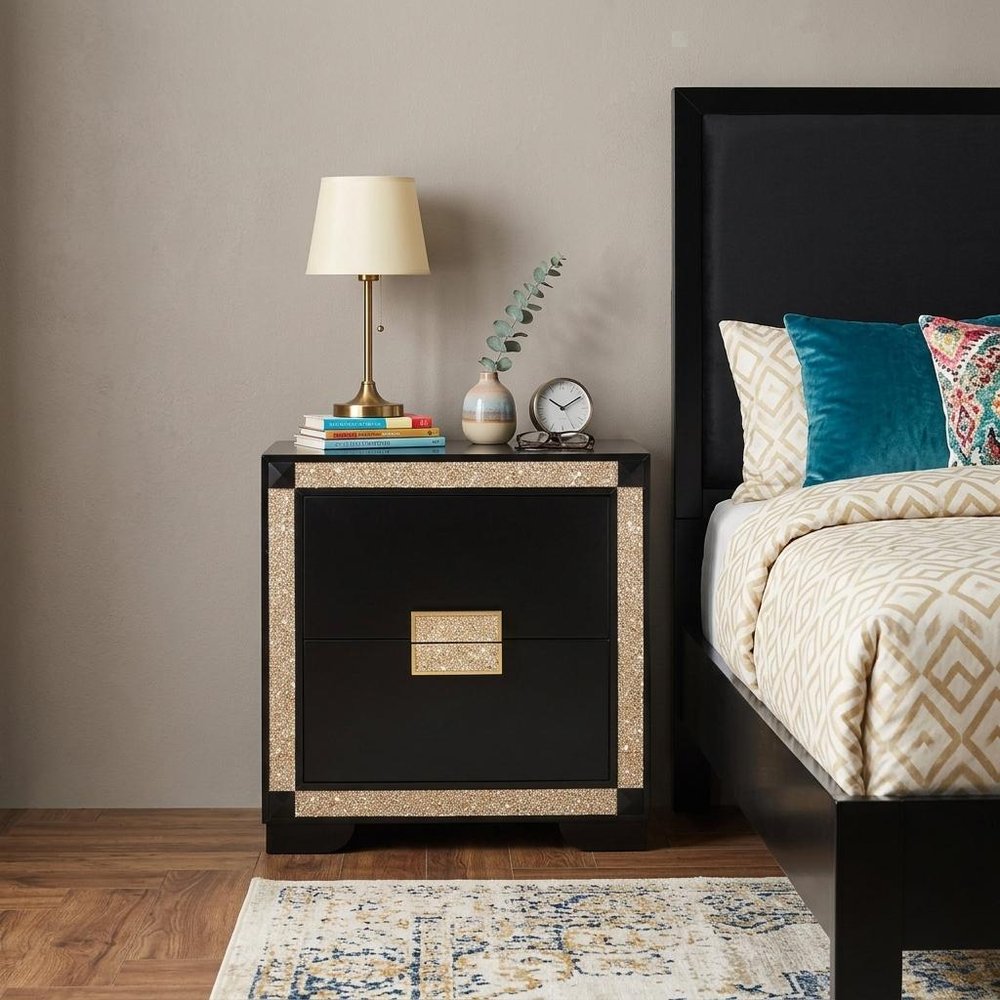 26" Black and Gold Two Drawer Faux Crystal Bling Wood Nightstand