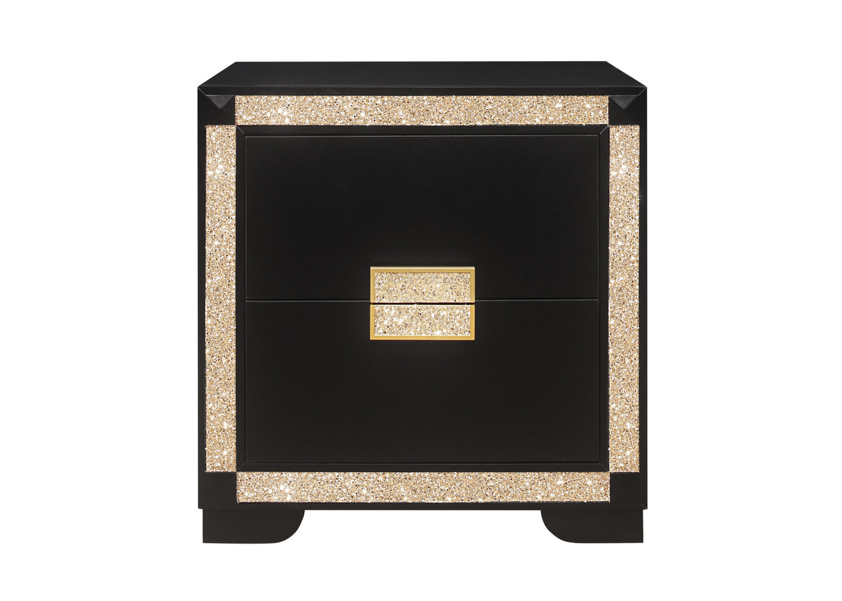 26" Black and Gold Two Drawer Faux Crystal Bling Wood Nightstand