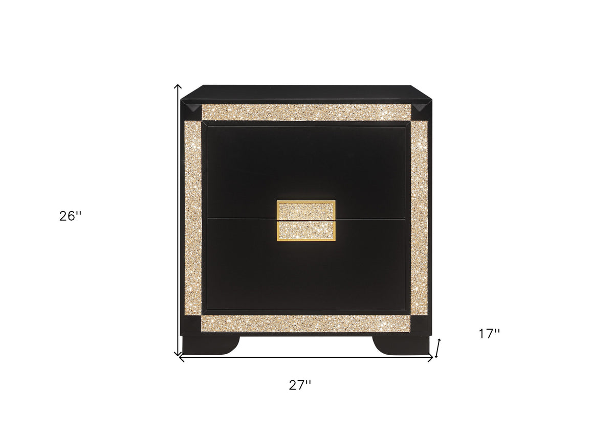 26" Black and Gold Two Drawer Faux Crystal Bling Wood Nightstand