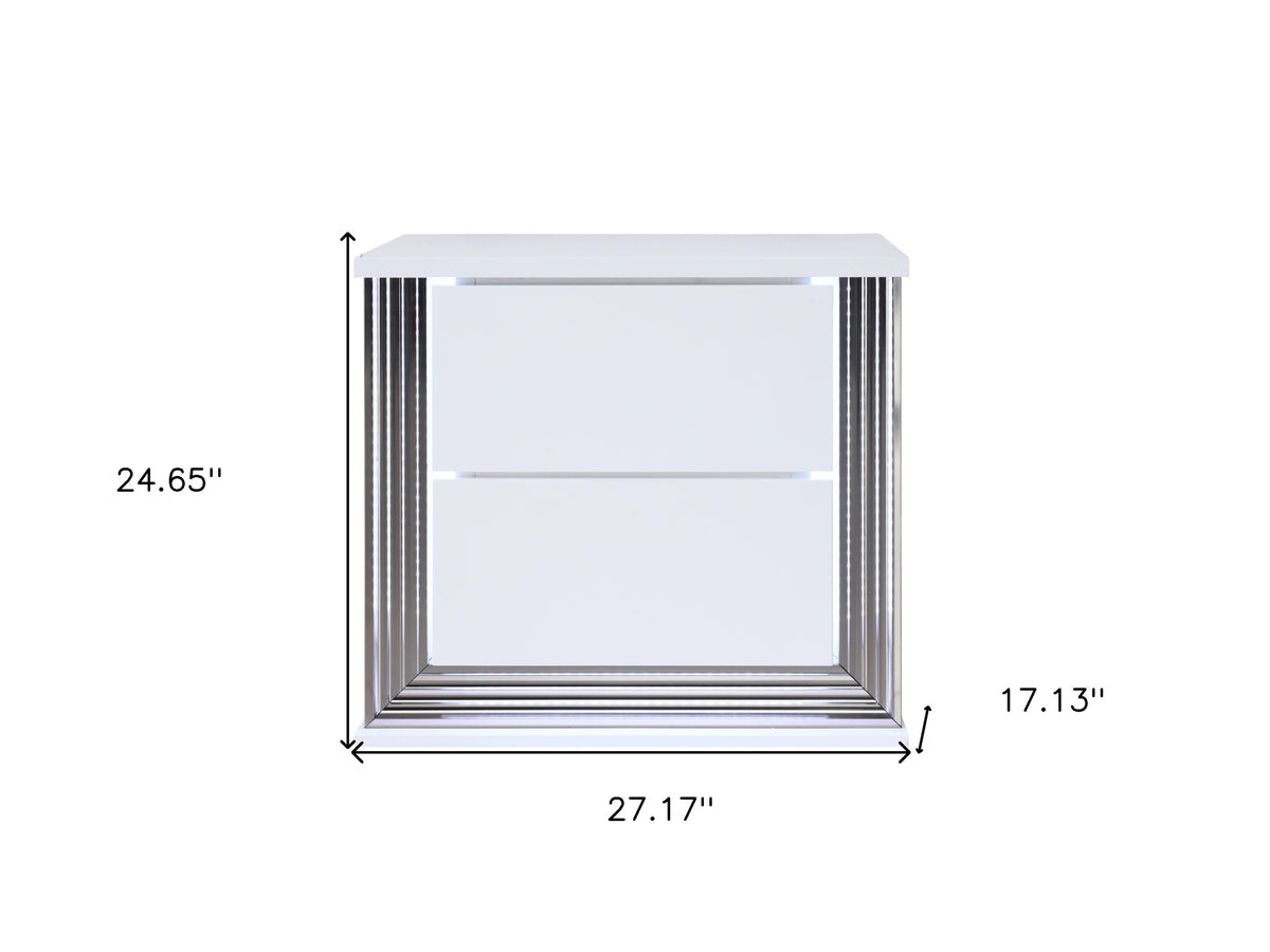 25" White Solid and Manufactured Wood Lighted Two Drawer Nightstand