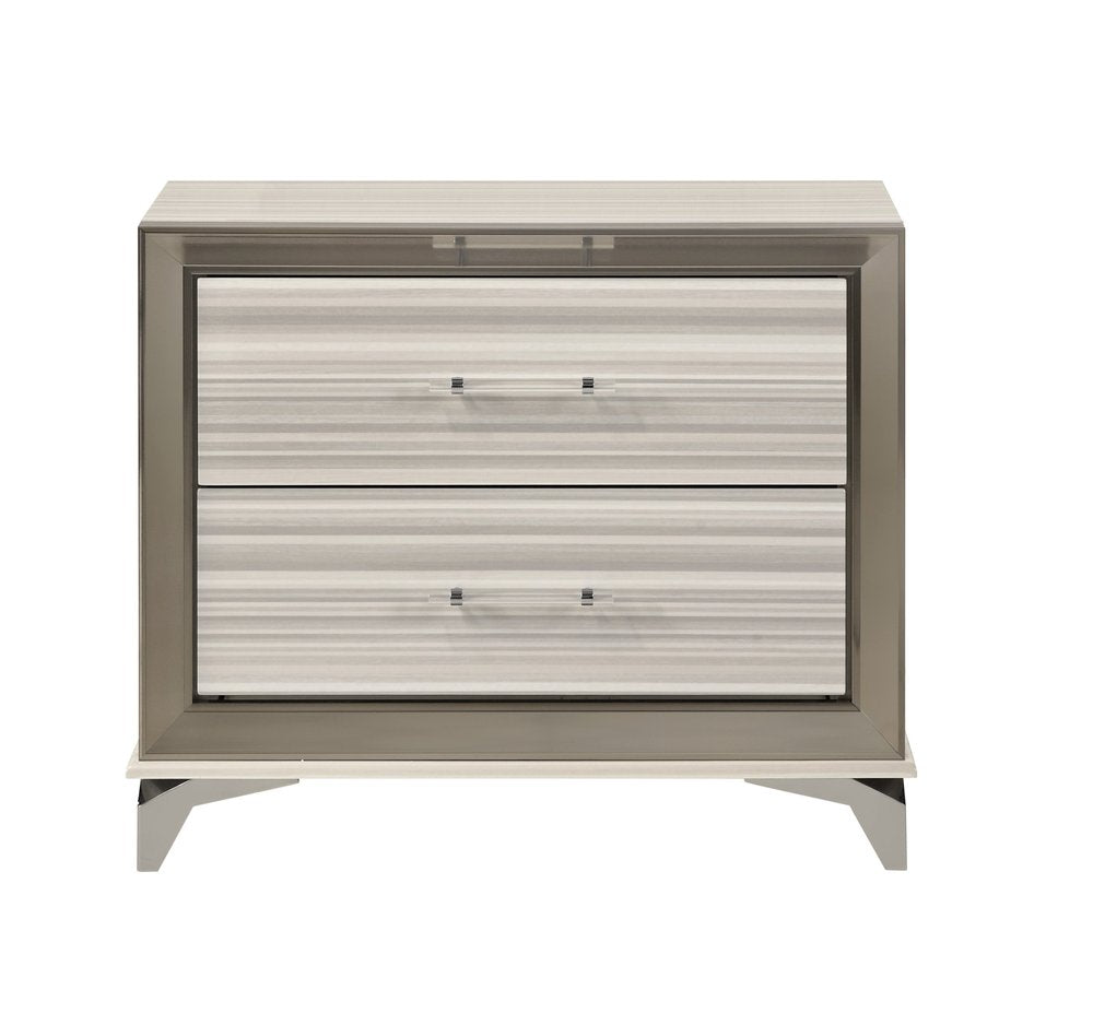 25" Silver And White Wood Lighted Two Drawer Nightstand