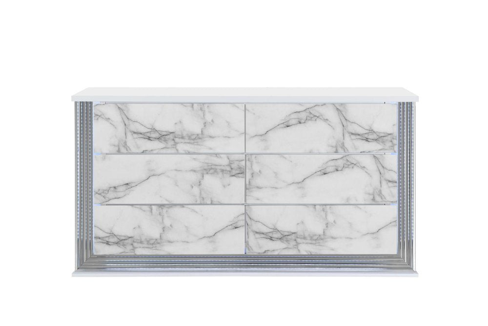 61" White Faux Marble And Wood Lighted Six Drawer Double Dresser