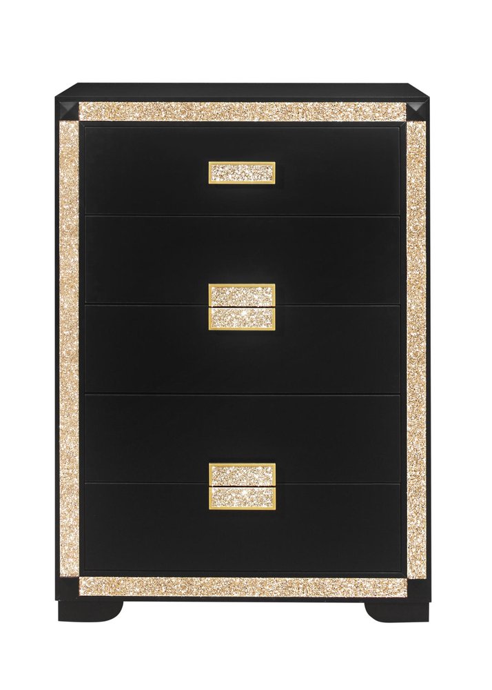 48" Black And Gold Faux Crystal Bling Wood Six Drawer Dresser