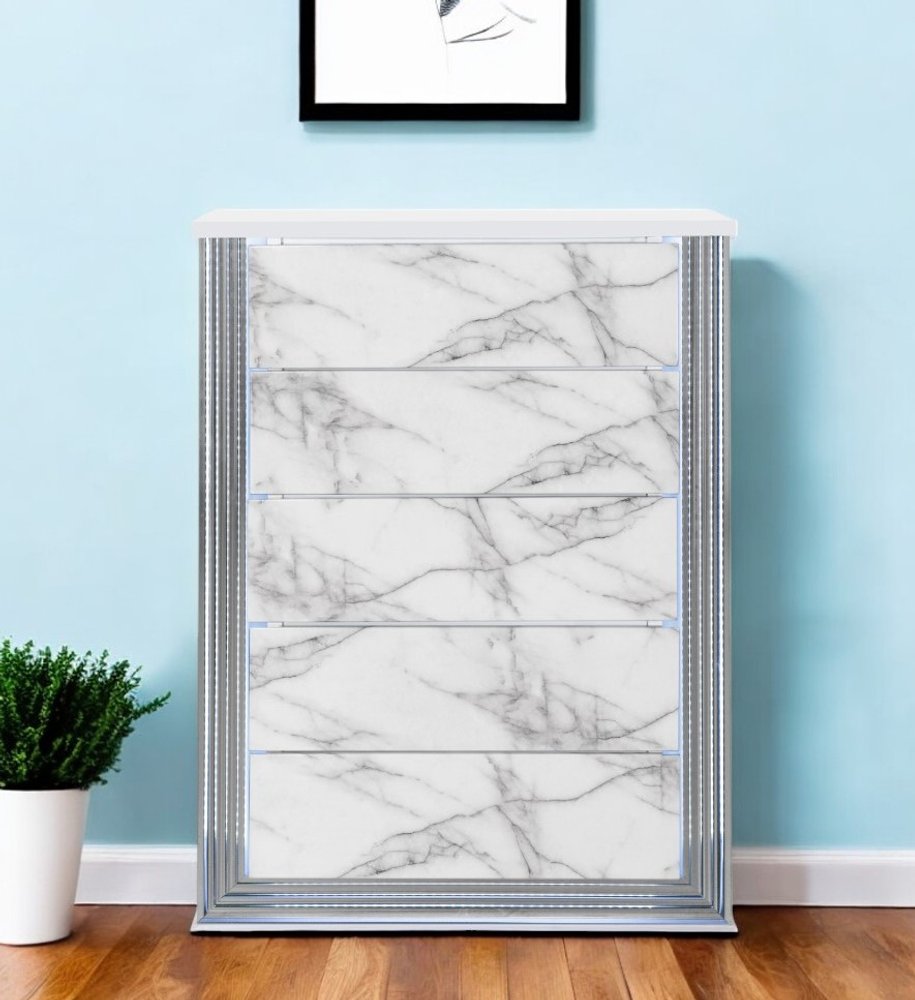 49" Silver And White Wood Faux Marble Lighted Five Drawer Dresser