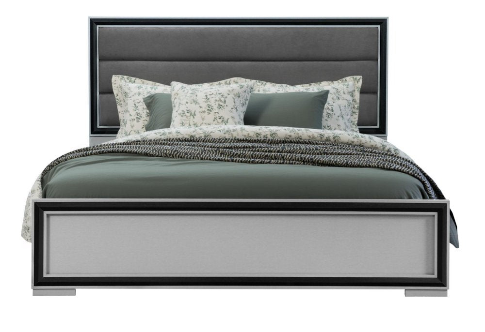 Gray Ribbed Texture Wood And Upholstery Full Bed Frame
