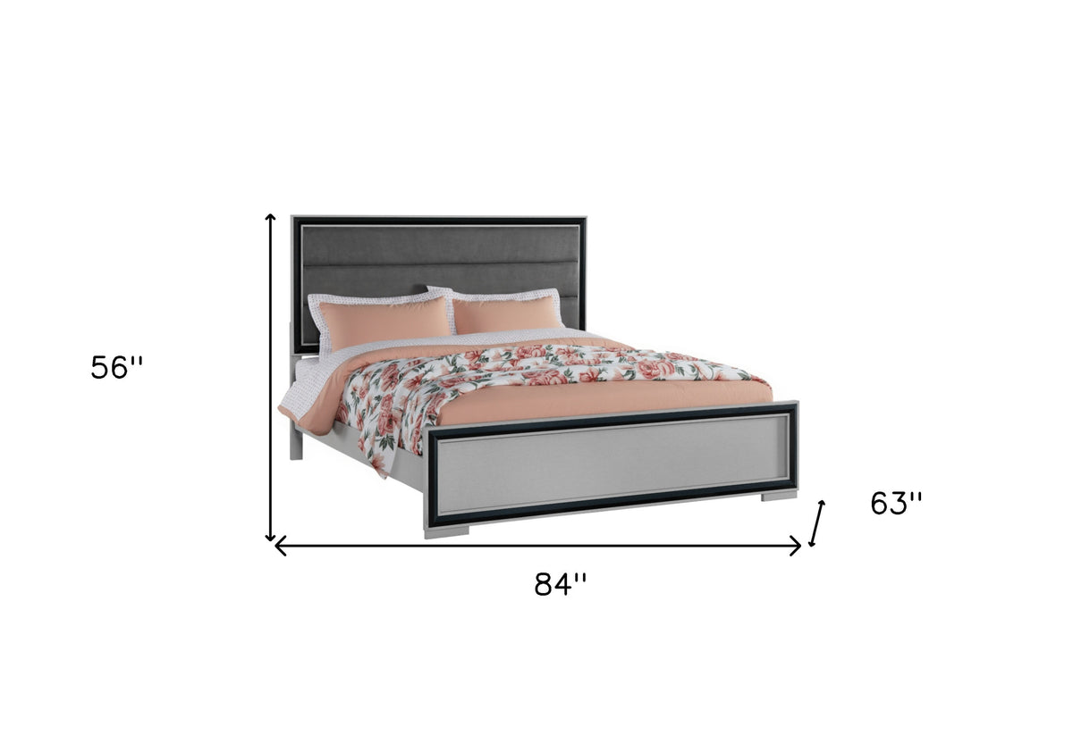 Gray Ribbed Texture Wood And Upholstery Queen Bed Frame