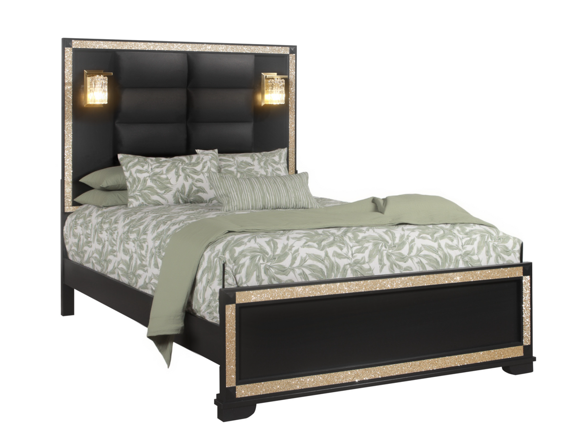 Black Faux Crystal Bling Wood And Upholstery Lighted Queen Bed Frame