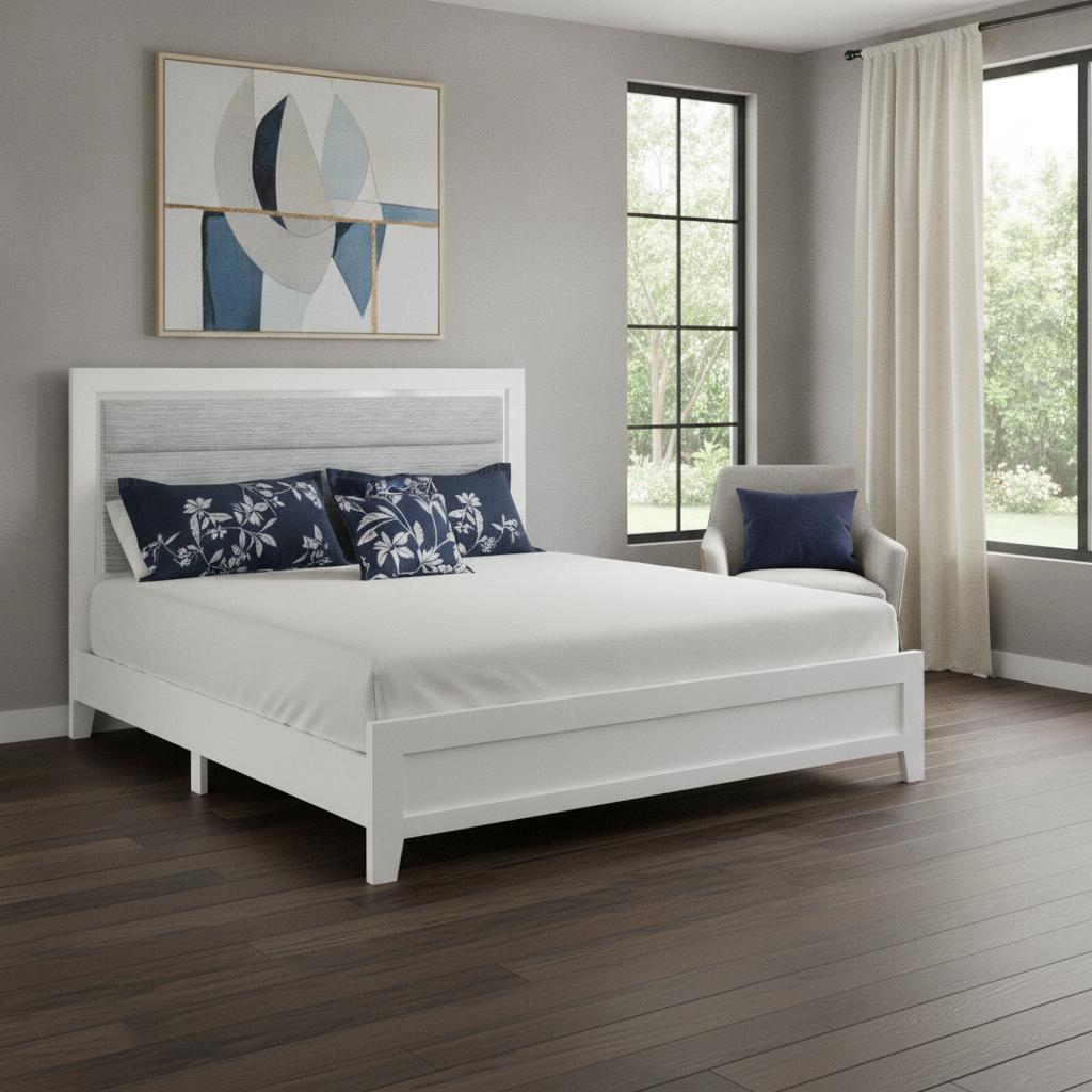 White and Light Gray Ribbed Texture Wood And Upholstery Lighted Full Bed Frame