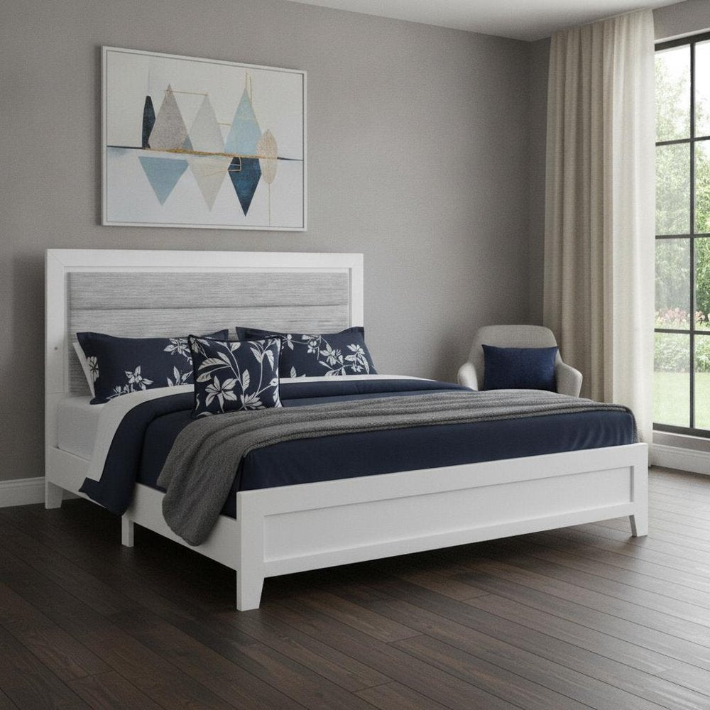 White and Light Gray Ribbed Texture Wood And Upholstery Lighted King Bed Frame
