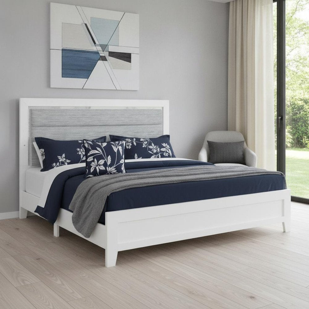 White and Light Gray Ribbed Texture Wood And Upholstery Lighted Queen Bed Frame