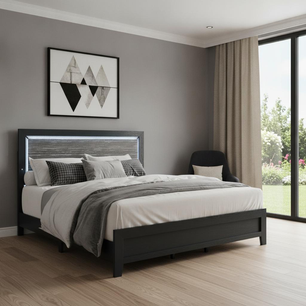 Black and Gray Wood And Velvet Lighted King Bed Frame