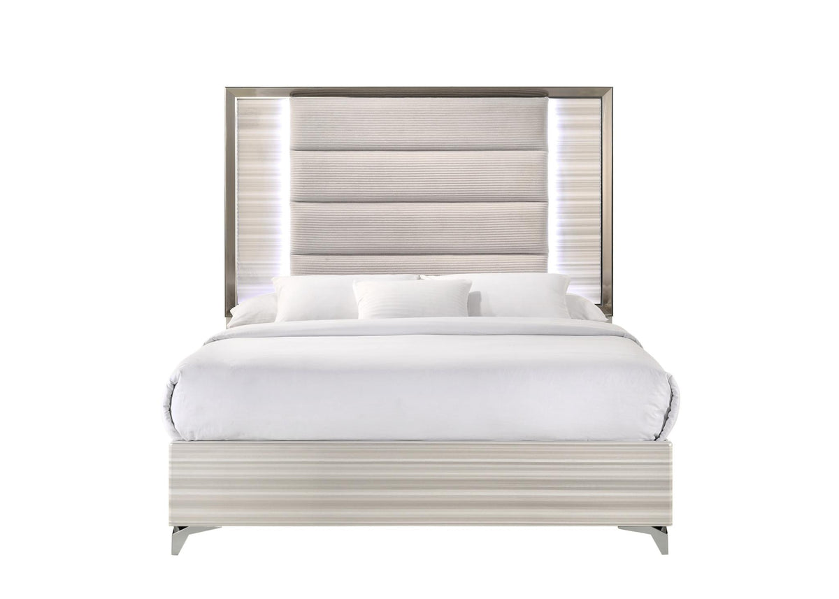 Beige White And Chrome Wood Upholstered Lighted Queen Bed Frame
