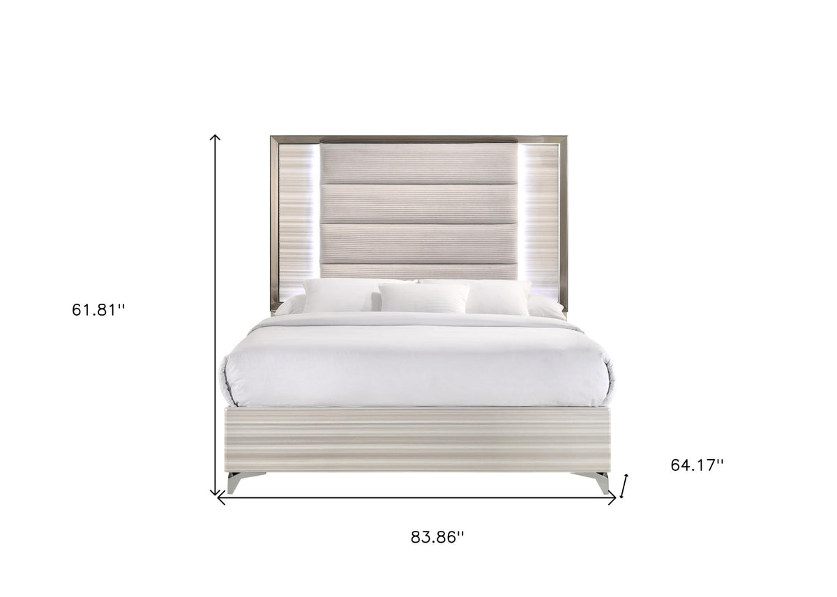 Beige White And Chrome Wood Upholstered Lighted Queen Bed Frame