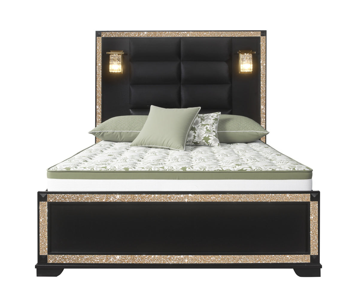 Black And Gold Faux Crystal Bling Wood And Upholstery Lighted Full Bed Frame