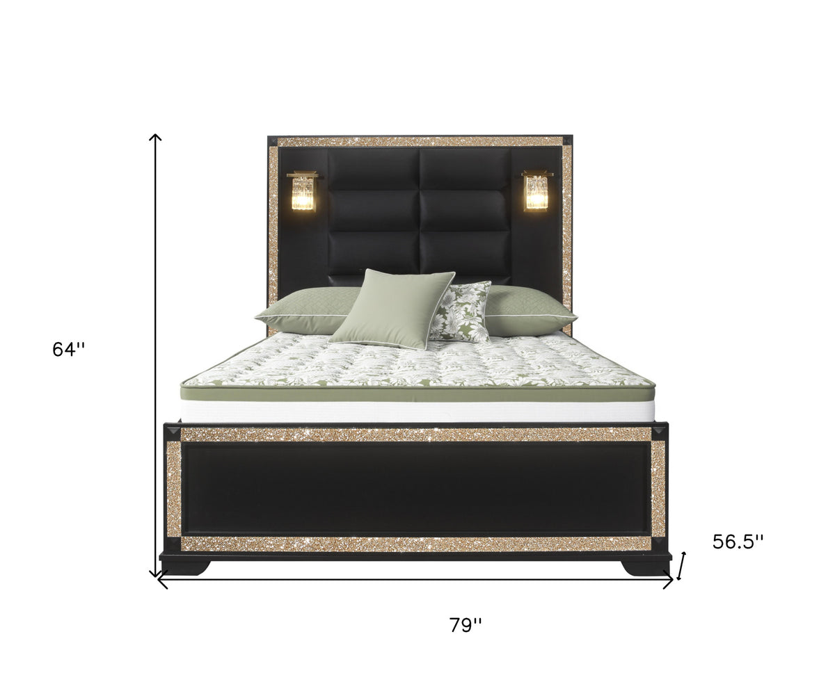 Black And Gold Faux Crystal Bling Wood And Upholstery Lighted Full Bed Frame
