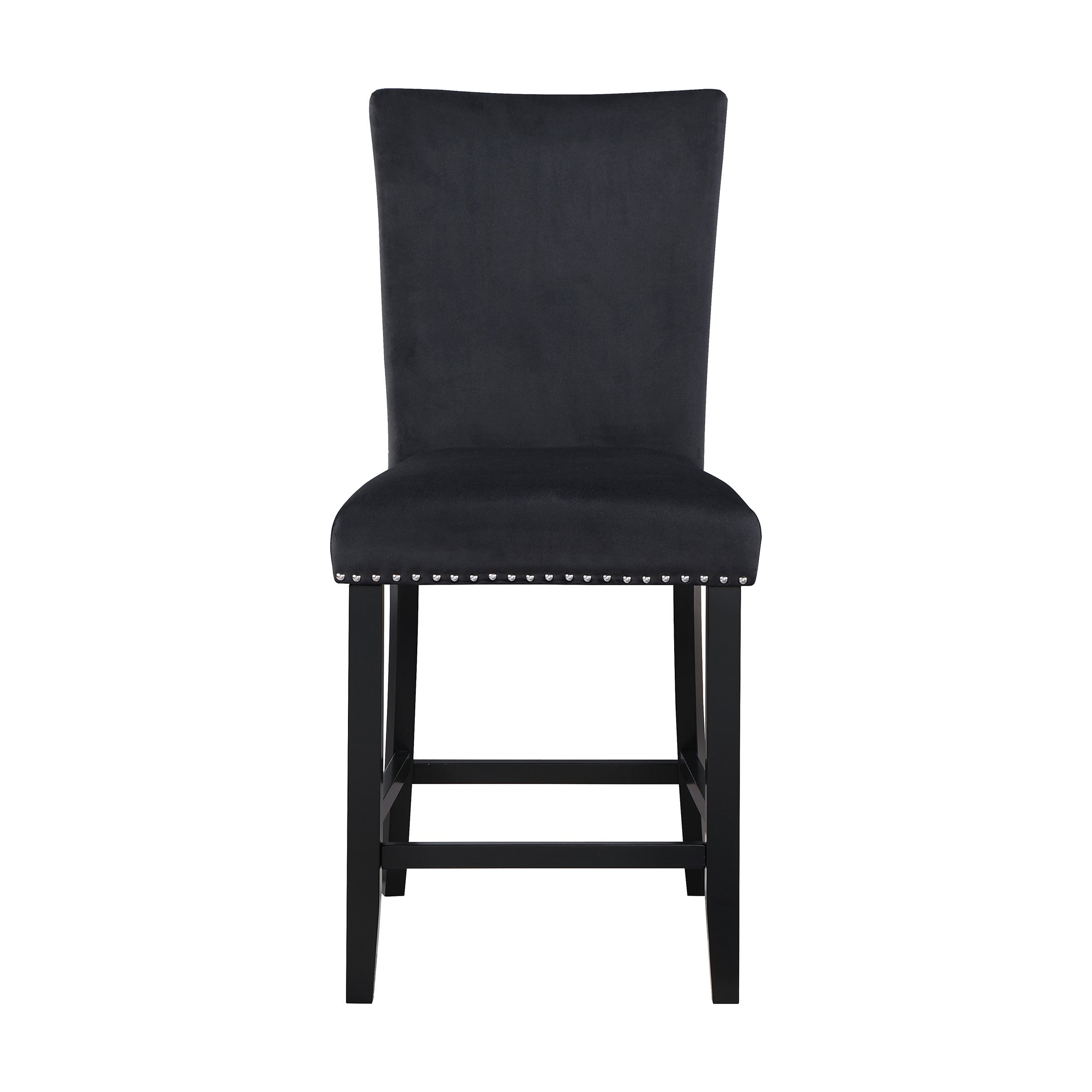 Set of Two 25" Black Velvet And Wood Counter Height Bar Chairs