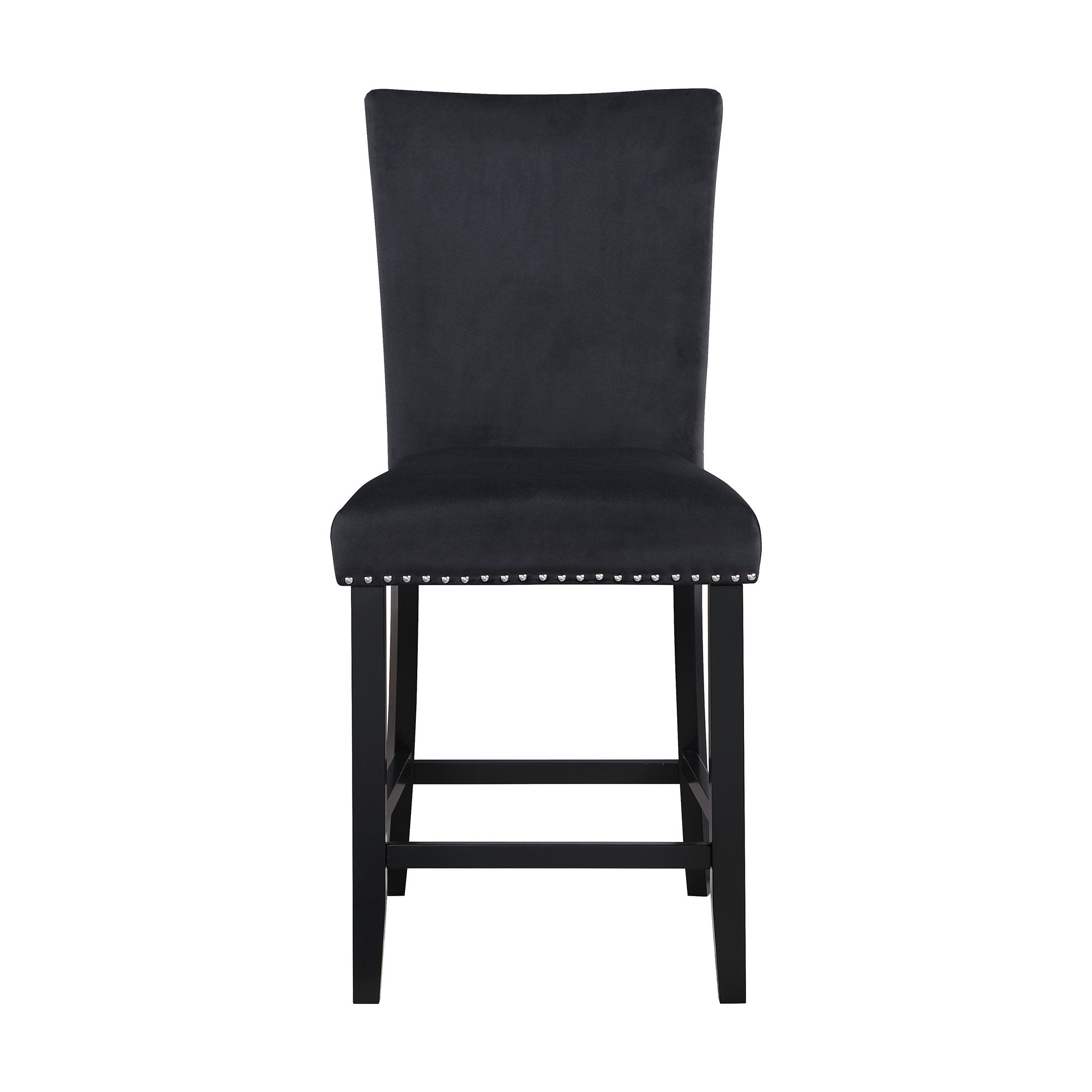 Set of Two 25" Black Velvet And Wood Counter Height Bar Chairs