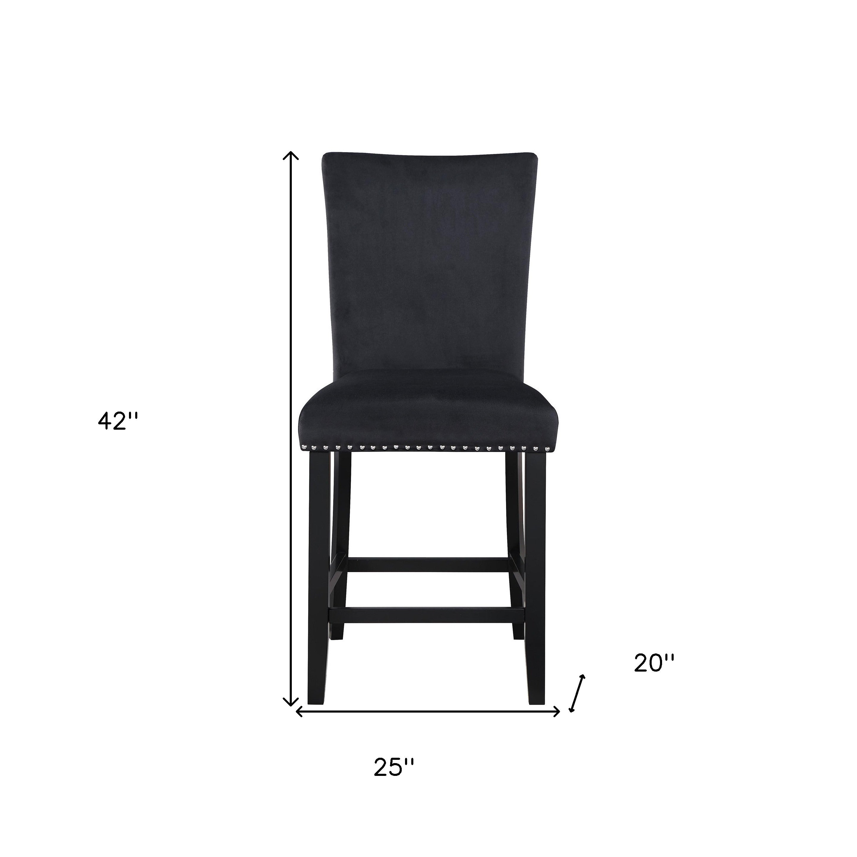 Set of Two 25" Black Velvet And Wood Counter Height Bar Chairs