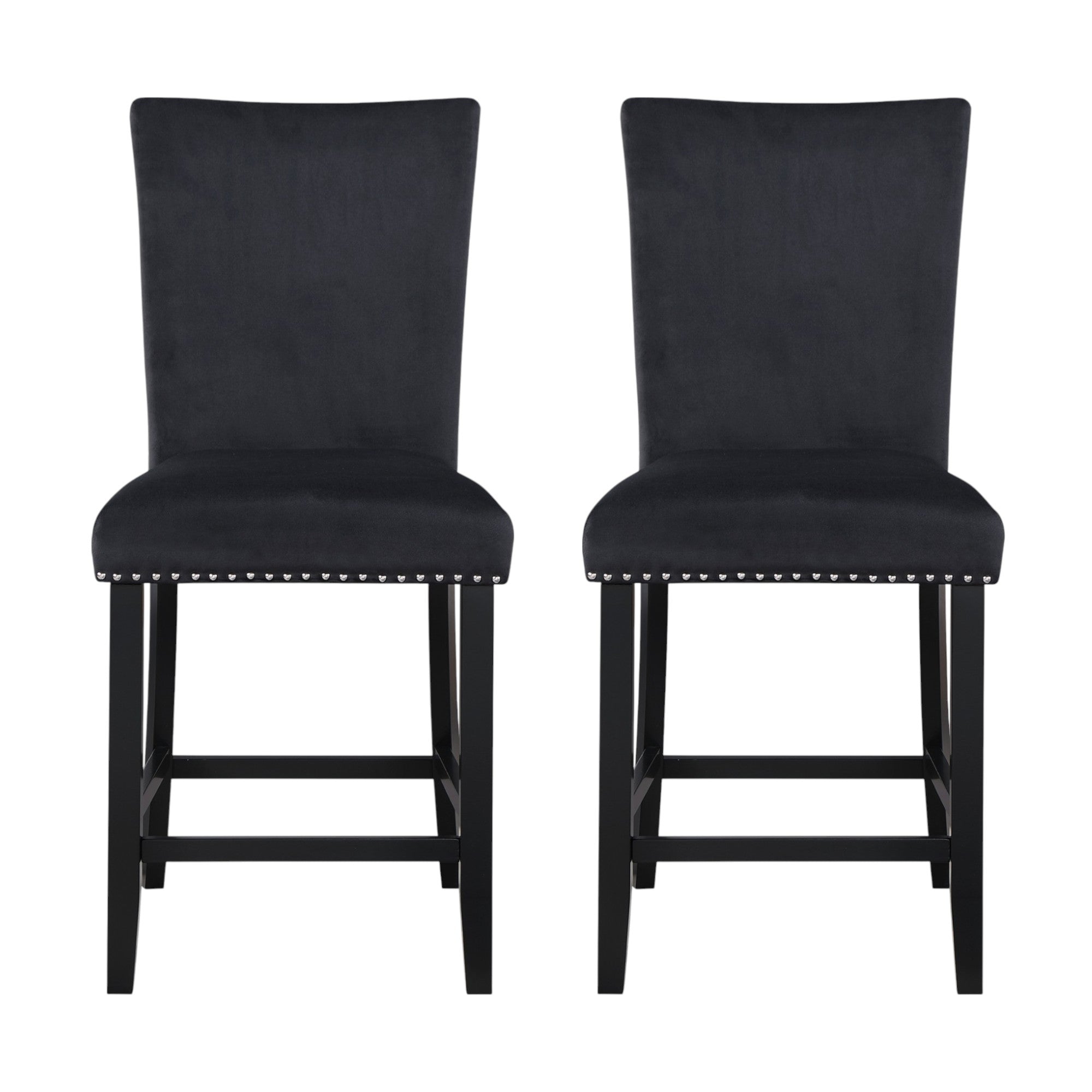 Set of Two 25" Black Velvet And Wood Counter Height Bar Chairs
