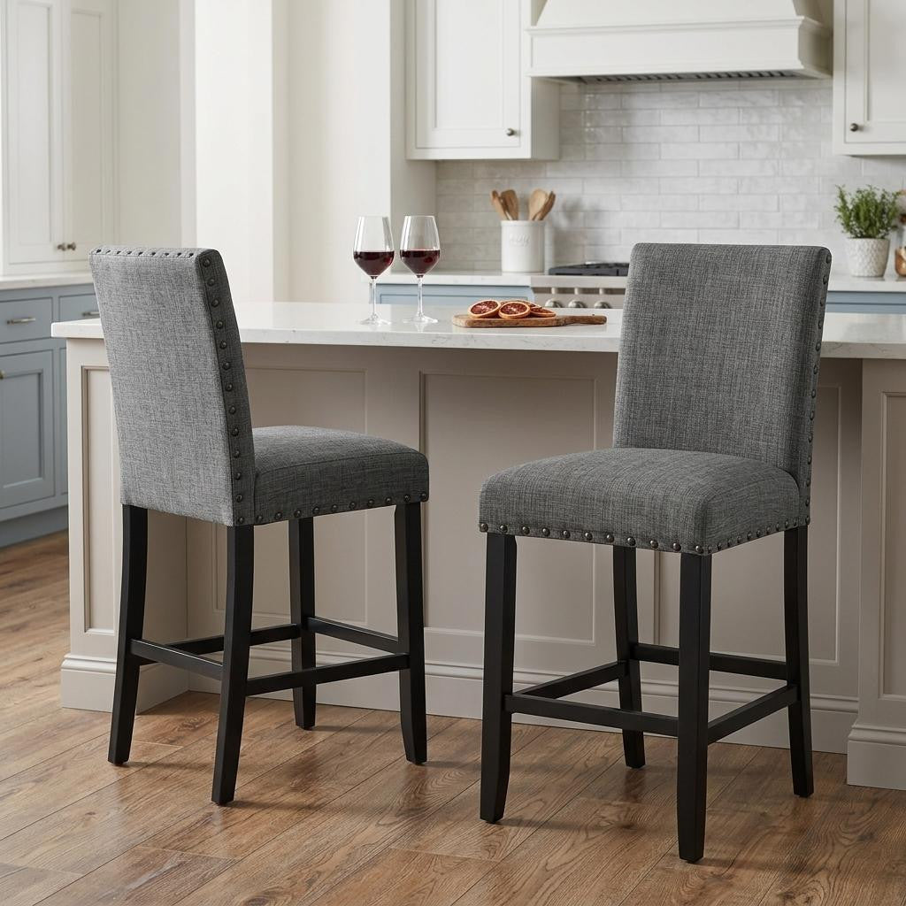 Set of Two 26" Gray And Black Fabric And Wood Counter Height Bar Chairs