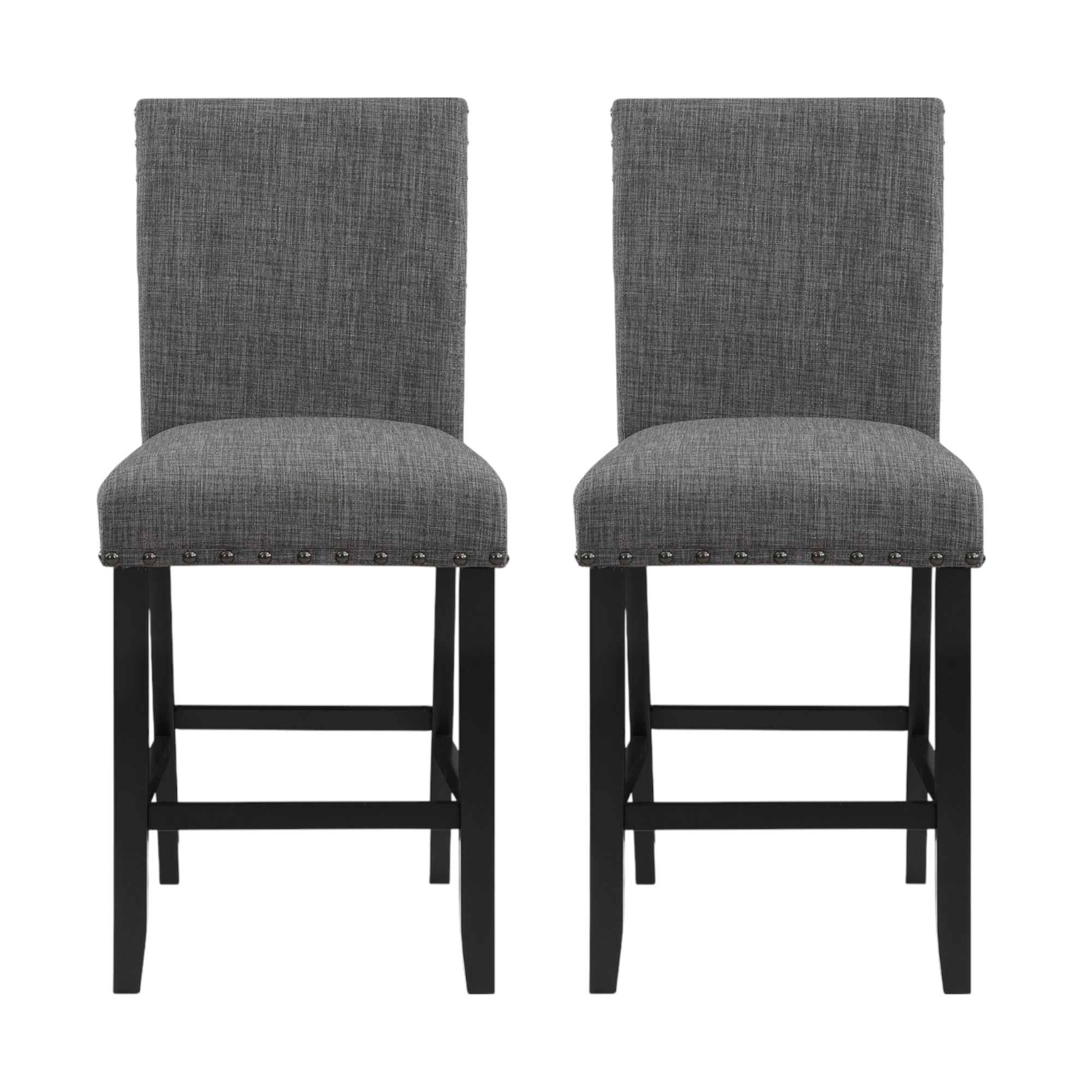 Set of Two 26" Gray And Black Fabric And Wood Counter Height Bar Chairs