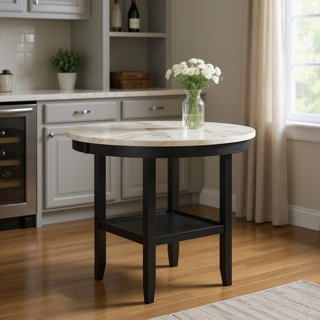 42" White and Black Wood And Faux Marble Round Counter Height Bar Table