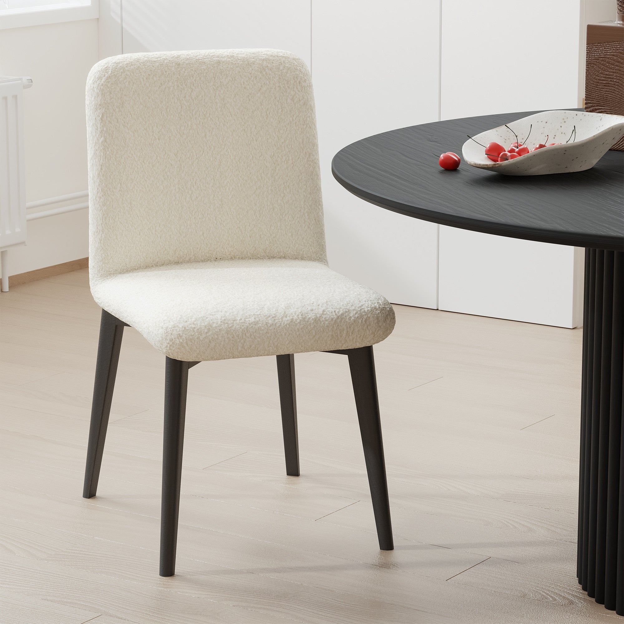 Set of Two White and Black Upholstered Boucle Dining Side Chairs