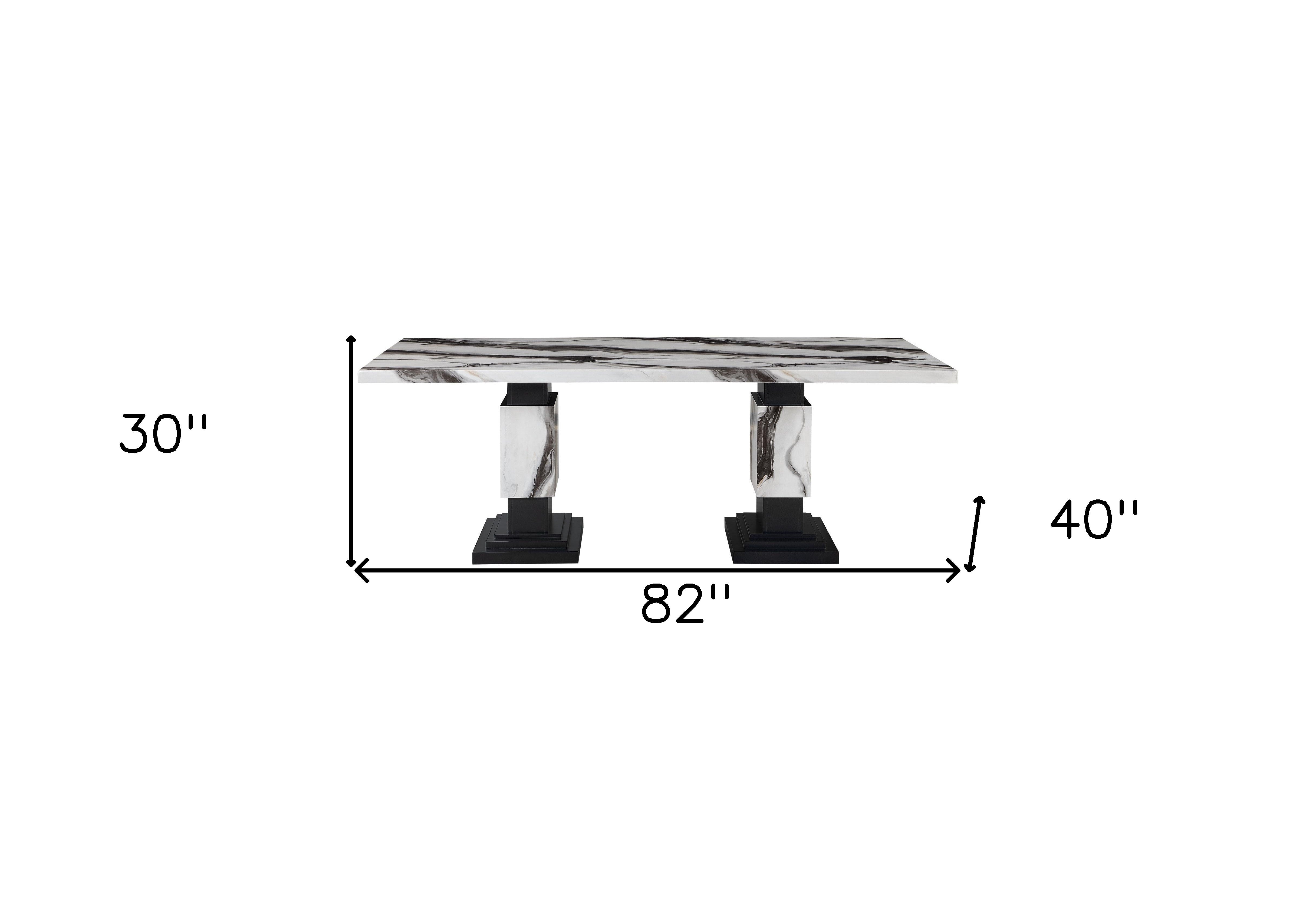 82" Black and White Faux Marble and Wood Double Pedestal Base Dining Table