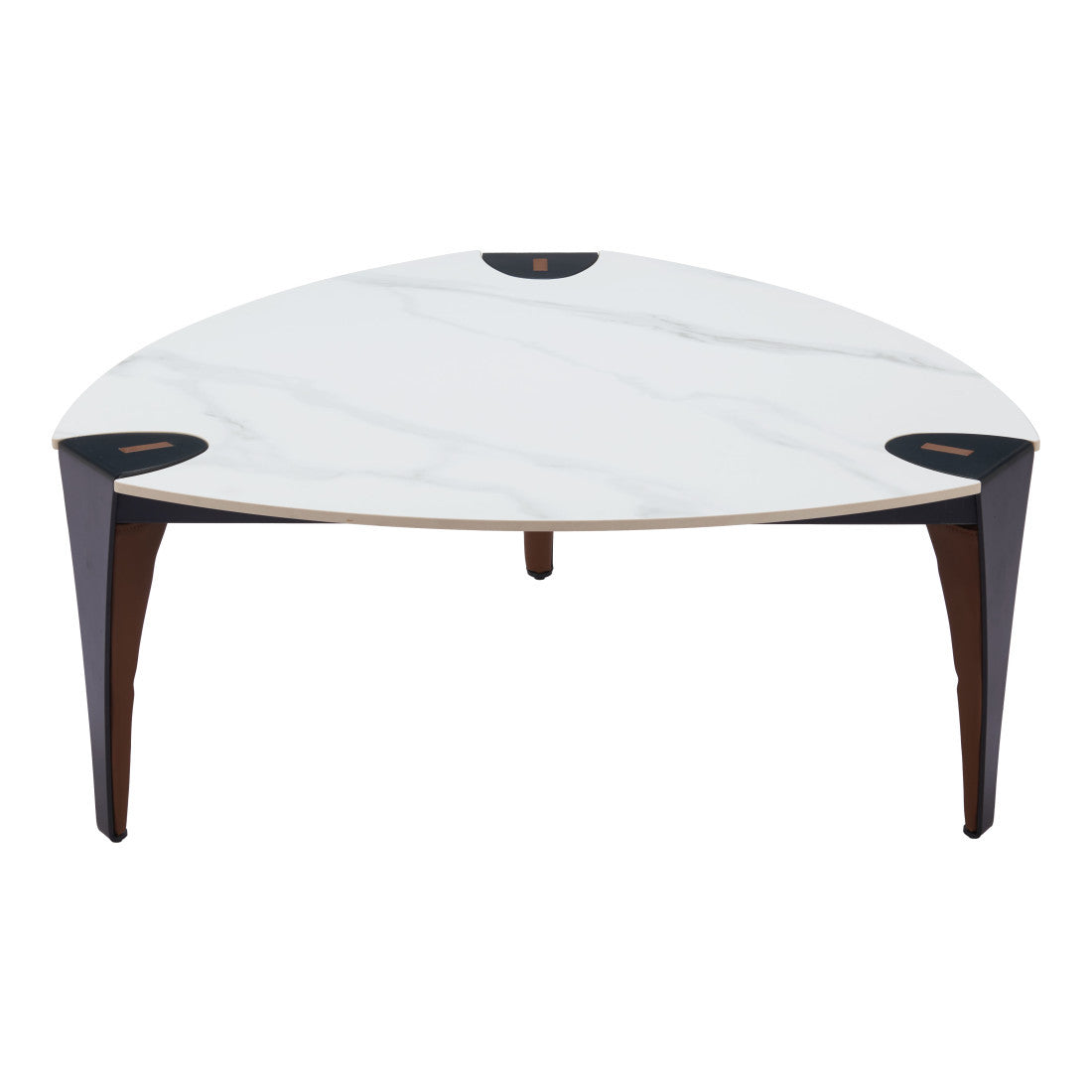 36" White and Black Sintered Stone Faux Leather And Steel Triangle Coffee Table