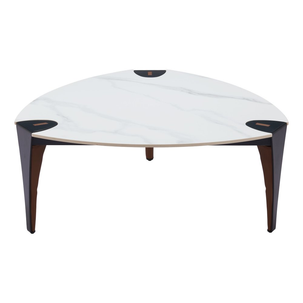 36" White and Black Sintered Stone Faux Leather And Steel Triangle Coffee Table