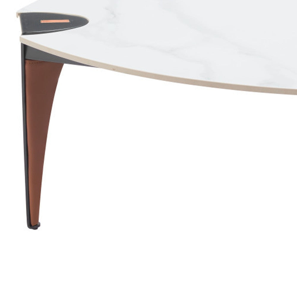 36" White and Black Sintered Stone Faux Leather And Steel Triangle Coffee Table