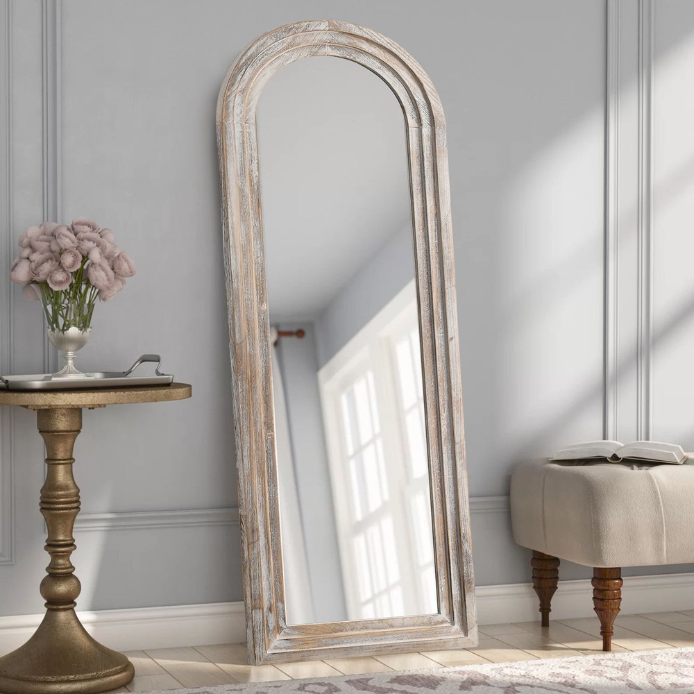 64" White Solid Wood Arch Freestanding Framed Full Length Mirror
