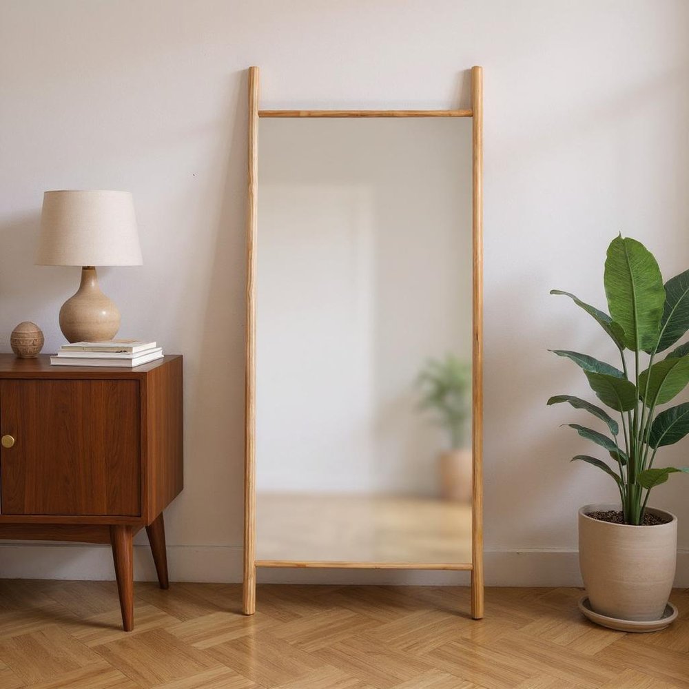 71" Natural Solid Wood Novelty Leaning Framed Full Length Mirror