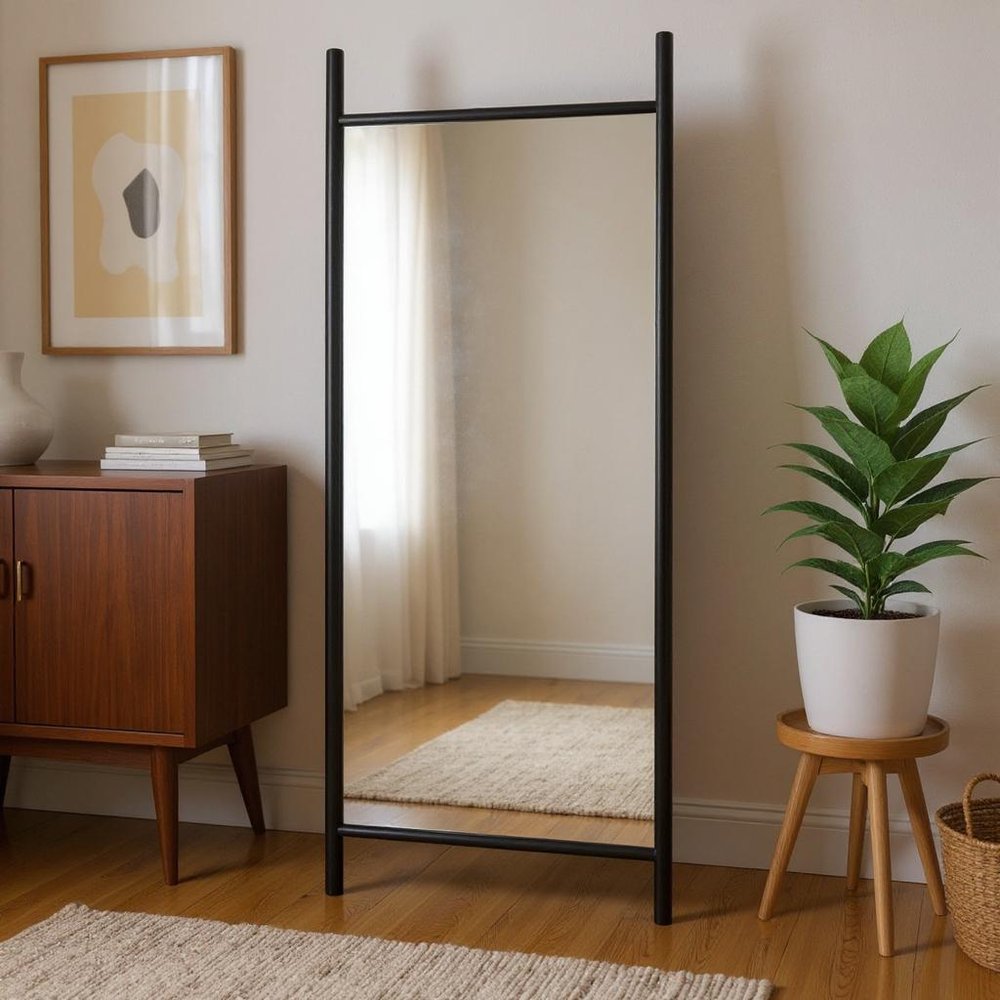 71" Black Solid Wood Ladder Leaning Framed Full Length Mirror