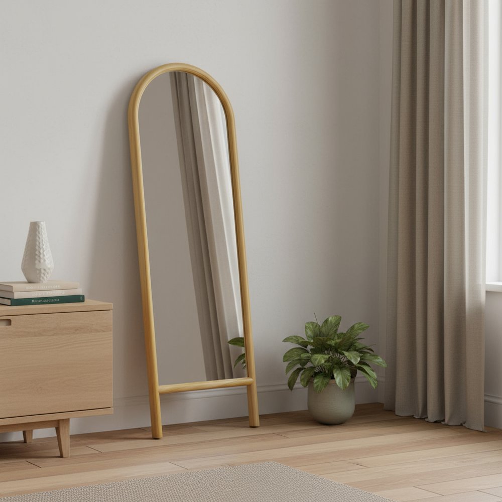 64" Natural Solid Wood Arch Leaning Framed Full Length Mirror