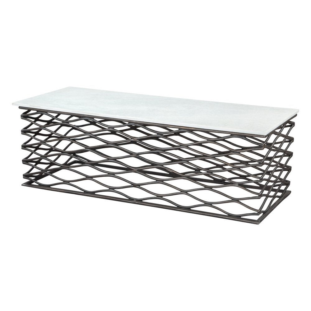 50" White and Antiqued Bronze Genuine Marble and Aluminum Abstract Coffee Table
