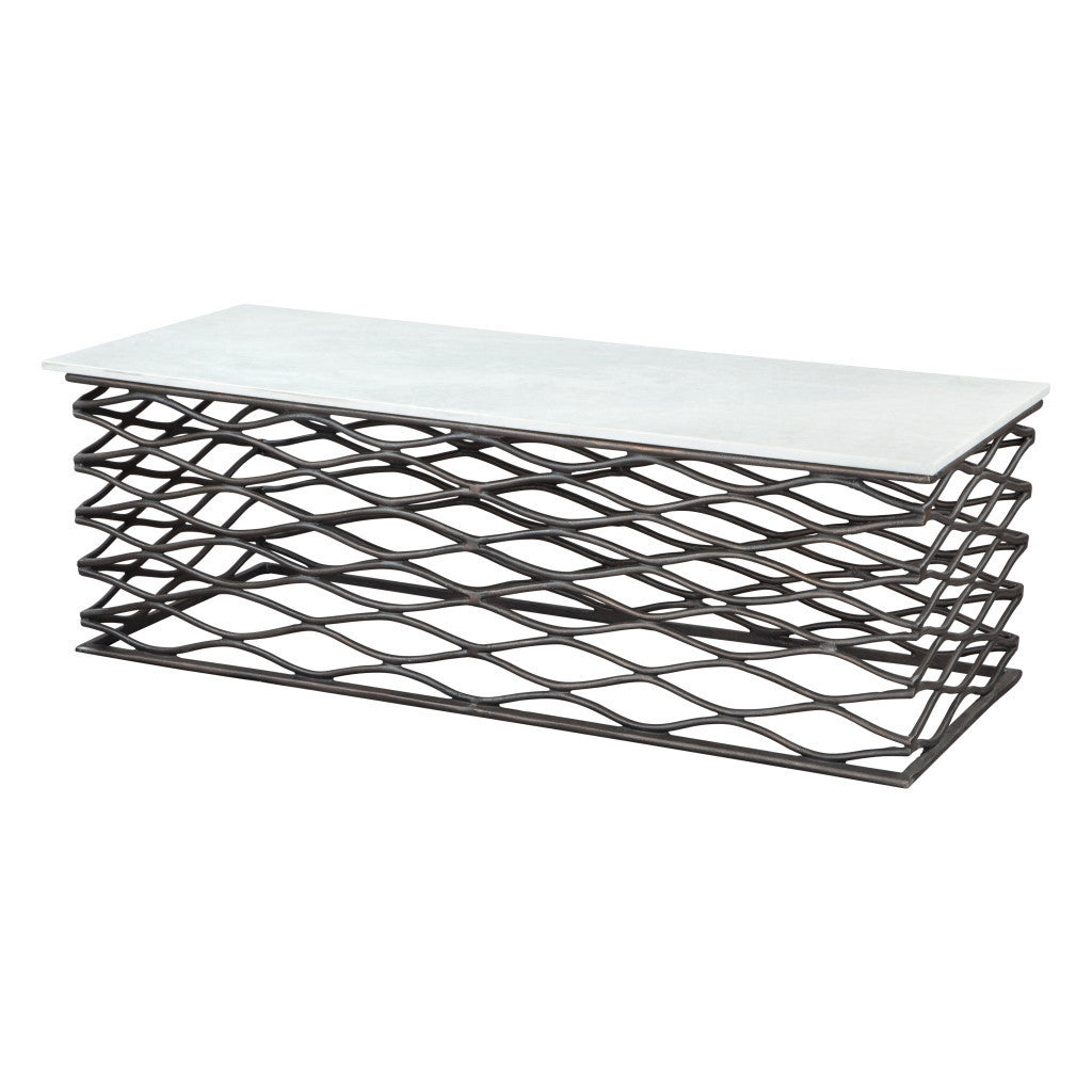 50" White and Antiqued Bronze Genuine Marble and Aluminum Abstract Coffee Table