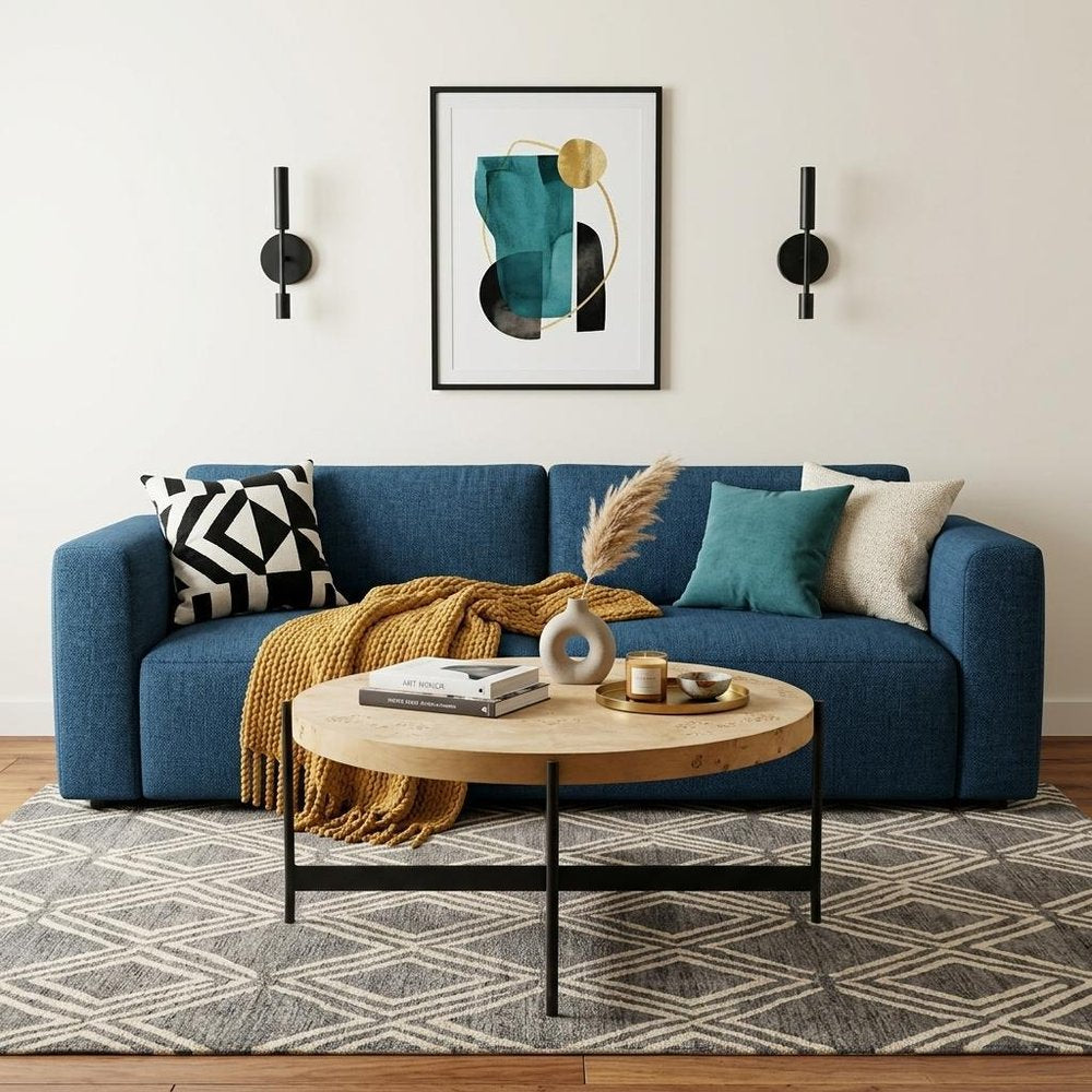 36" Natural And Black Wood and Iron Round Coffee Table