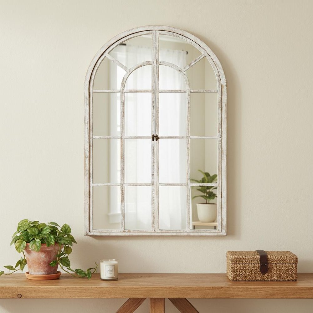36" White Solid Wood Arch Framed Accent Mirror