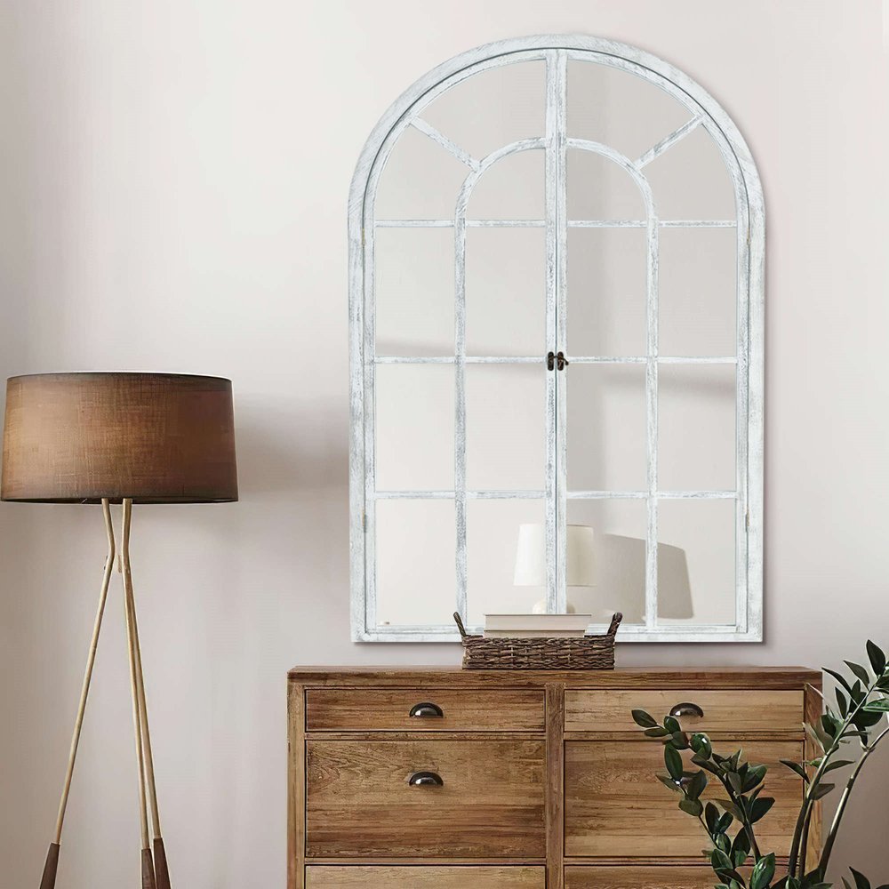36" White Solid Wood Arch Framed Accent Mirror