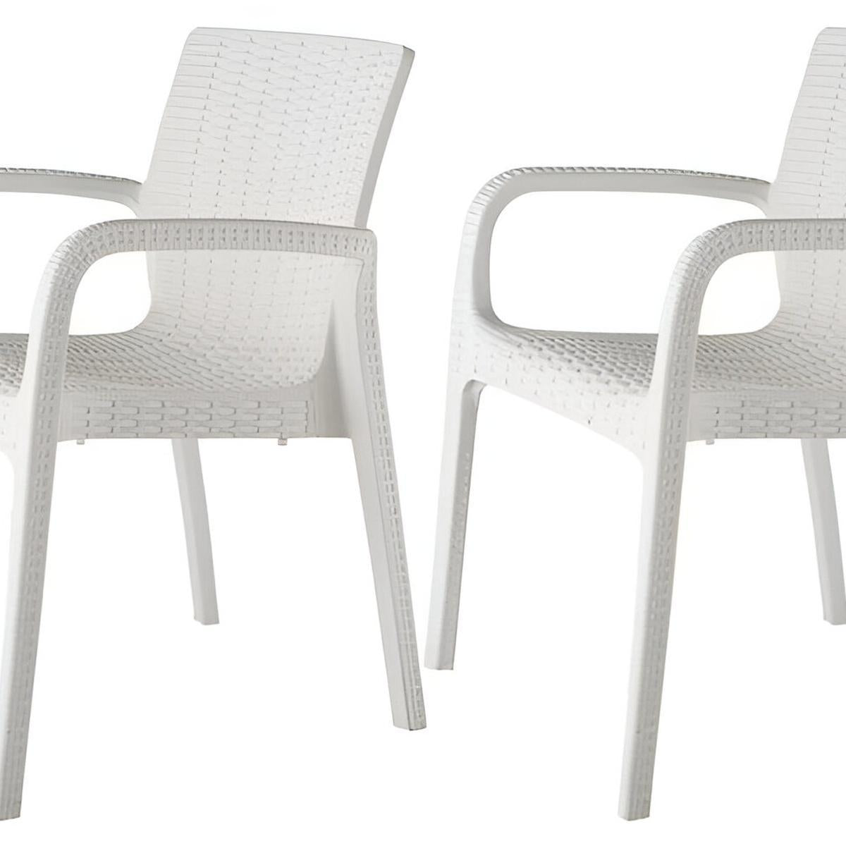 Set of Two White Faux Rattan Heavy Duty Plastic Outdoor Stacking Arm Chairs