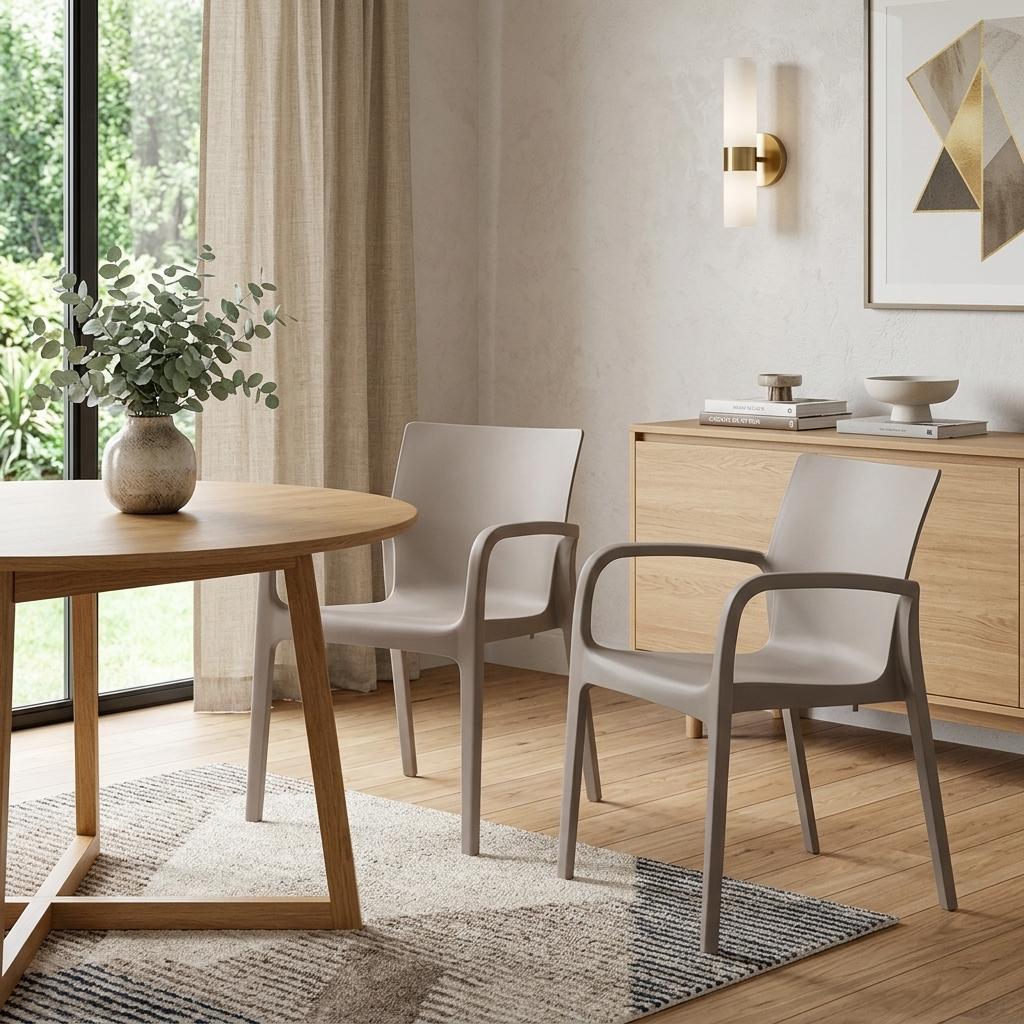 Set of Two Taupe Heavy Duty Plastic Outdoor Stacking Dining Chairs