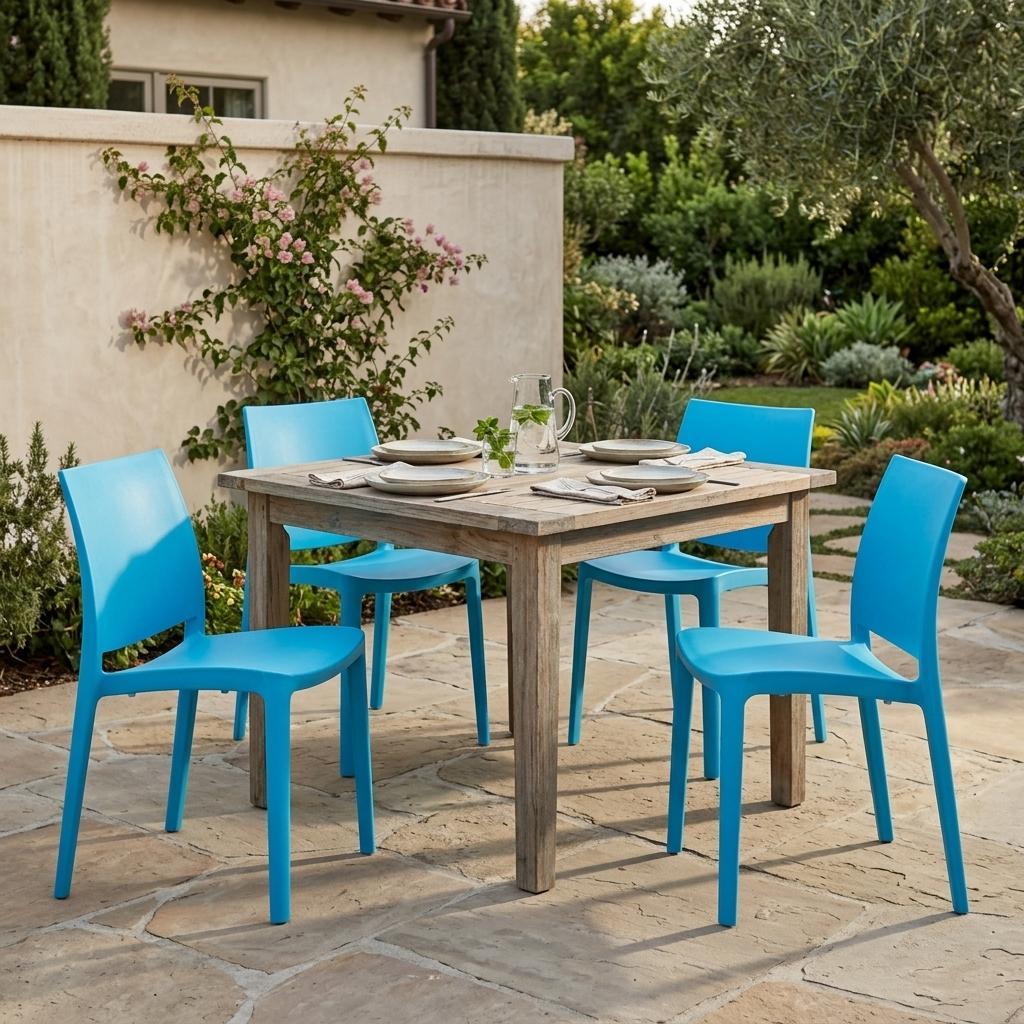 Set of Four Blue Heavy Duty Plastic Outdoor Stacking Dining Chairs
