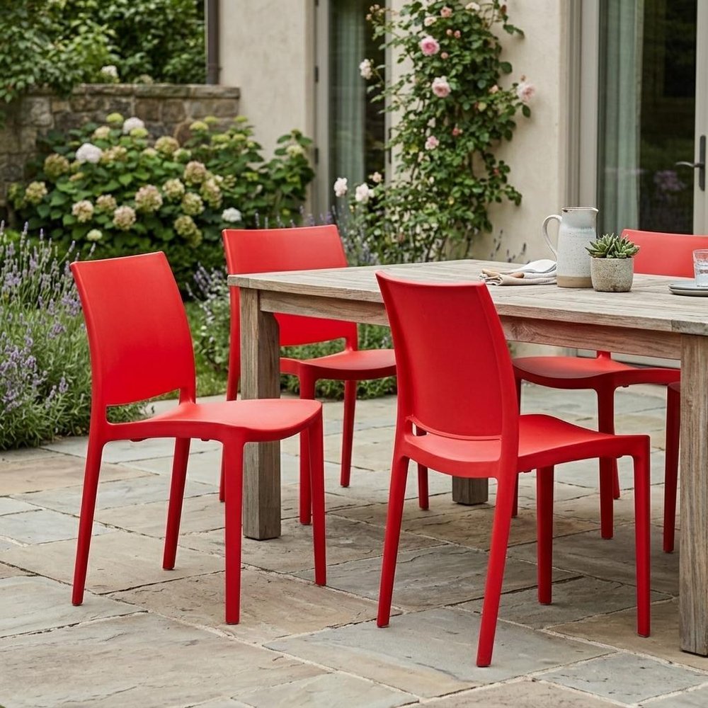 Set of Four Red Heavy Duty Plastic Outdoor Stacking Dining Chairs
