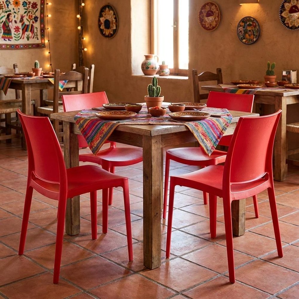 Set of Four Red Heavy Duty Plastic Outdoor Stacking Dining Chairs