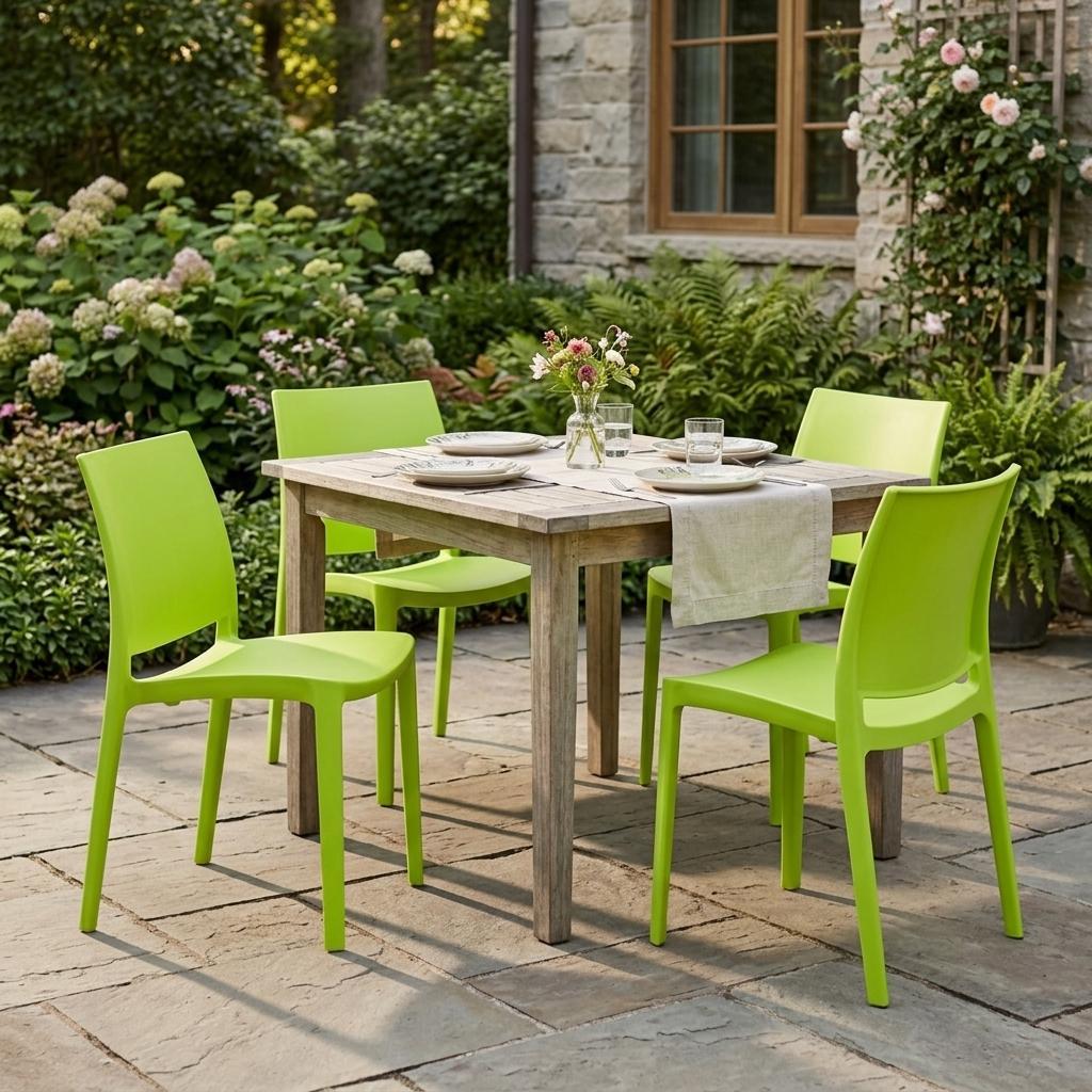 Set of Four Green Heavy Duty Plastic Outdoor Stacking Dining Chairs