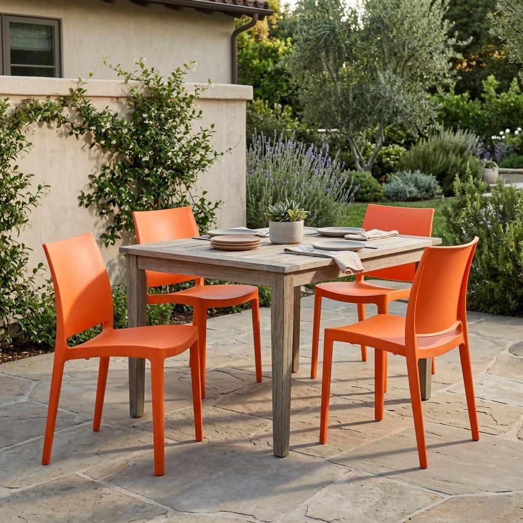 Set of Four Orange Heavy Duty Plastic Outdoor Stacking Dining Chairs