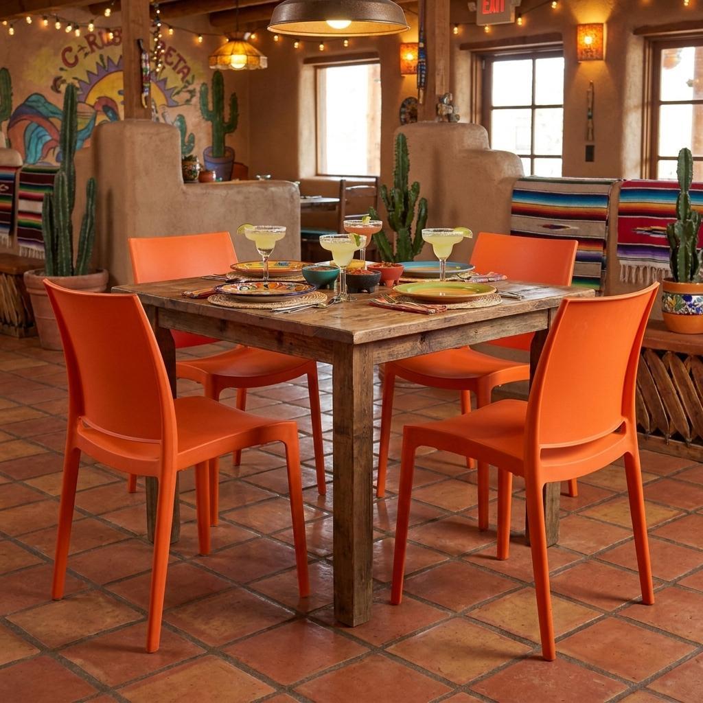 Set of Four Orange Heavy Duty Plastic Outdoor Stacking Dining Chairs